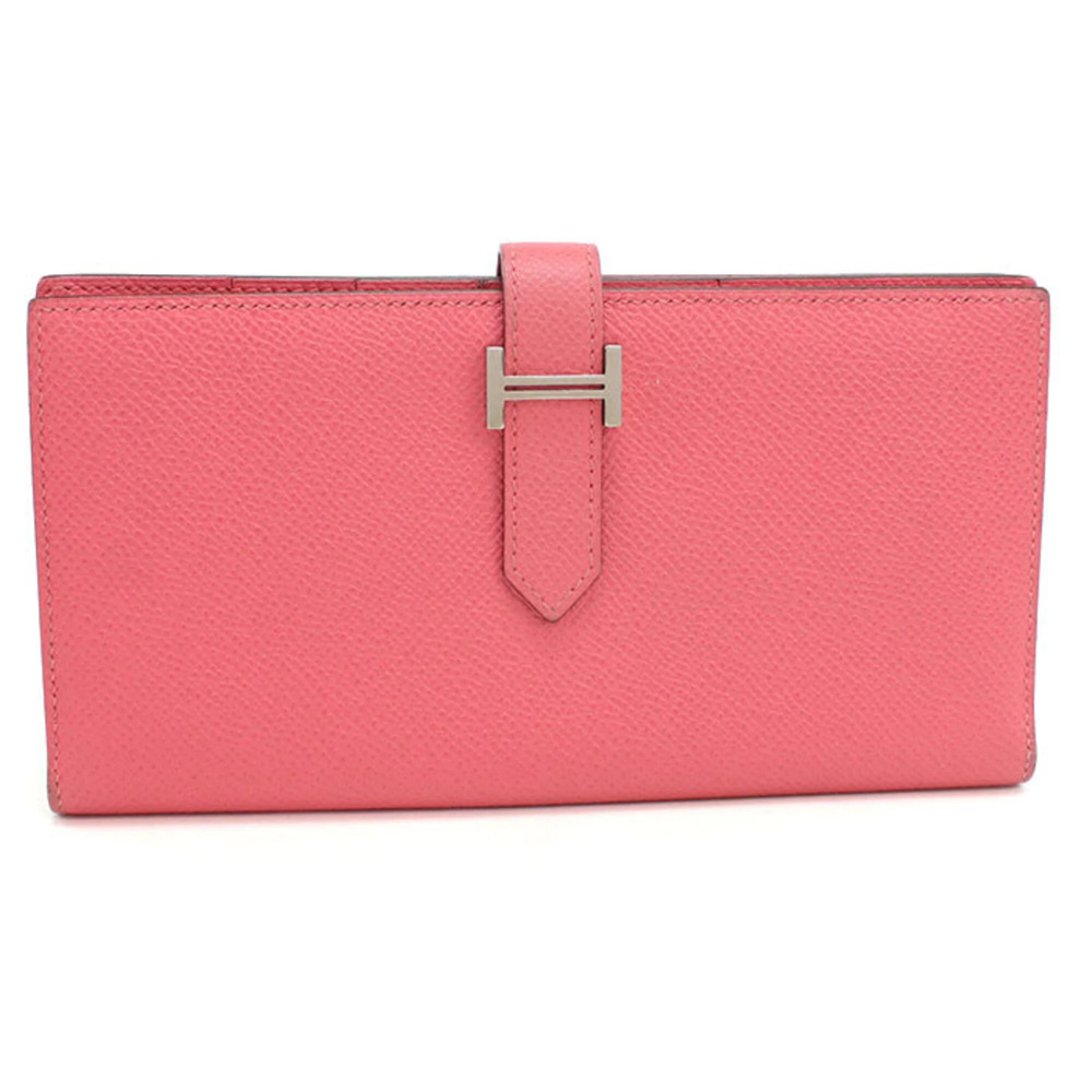 HERMES Bearn Soufflé Bi-fold Long Wallet, A Stamp, Women's, Pink - Picture 1 of 8